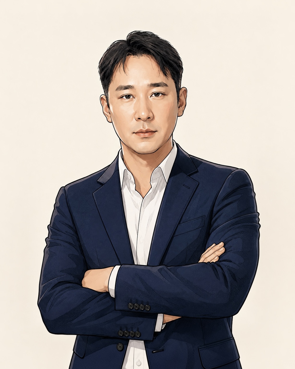 Illustrated portrait of Brian J. Lee in a navy suit with arms folded