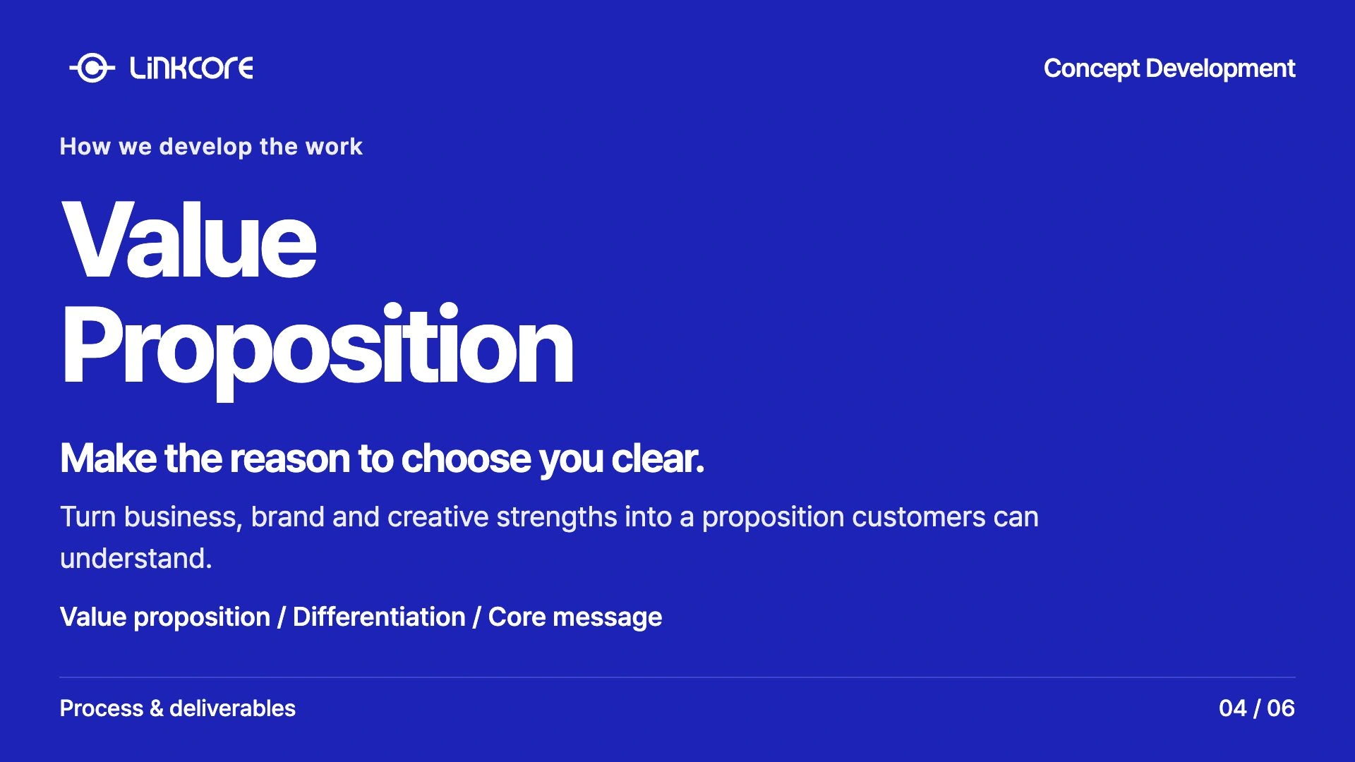 Concept Development. Make the reason to choose you clear. Turn business, brand and creative strengths into a proposition customers can understand.