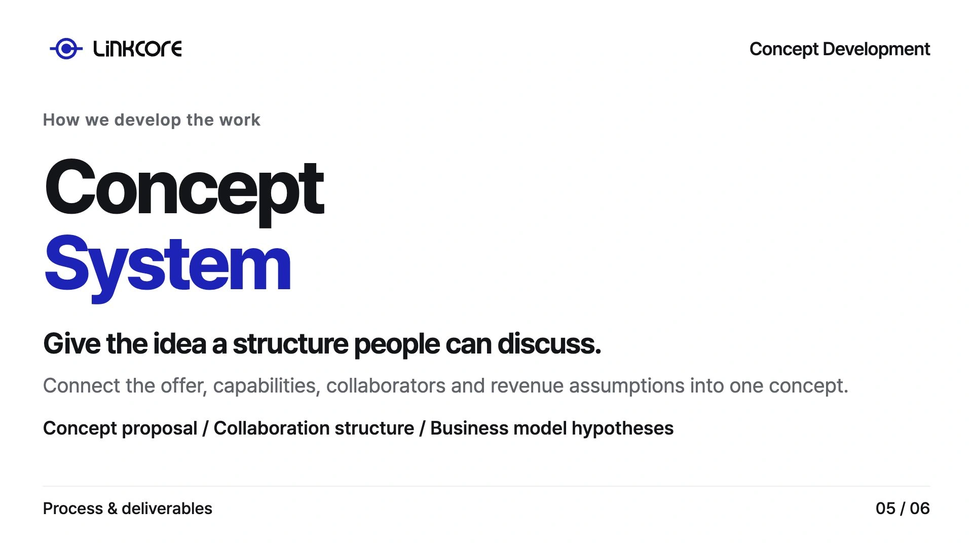 Concept Development. Give the idea a structure people can discuss. Connect the offer, capabilities, collaborators and revenue assumptions into one concept.