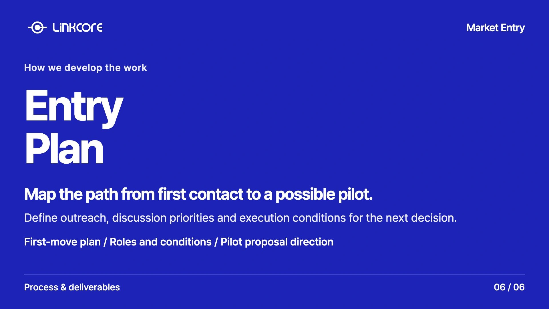 Market Entry. Map the path from first contact to a possible pilot. Define outreach, discussion priorities and execution conditions for the next decision.