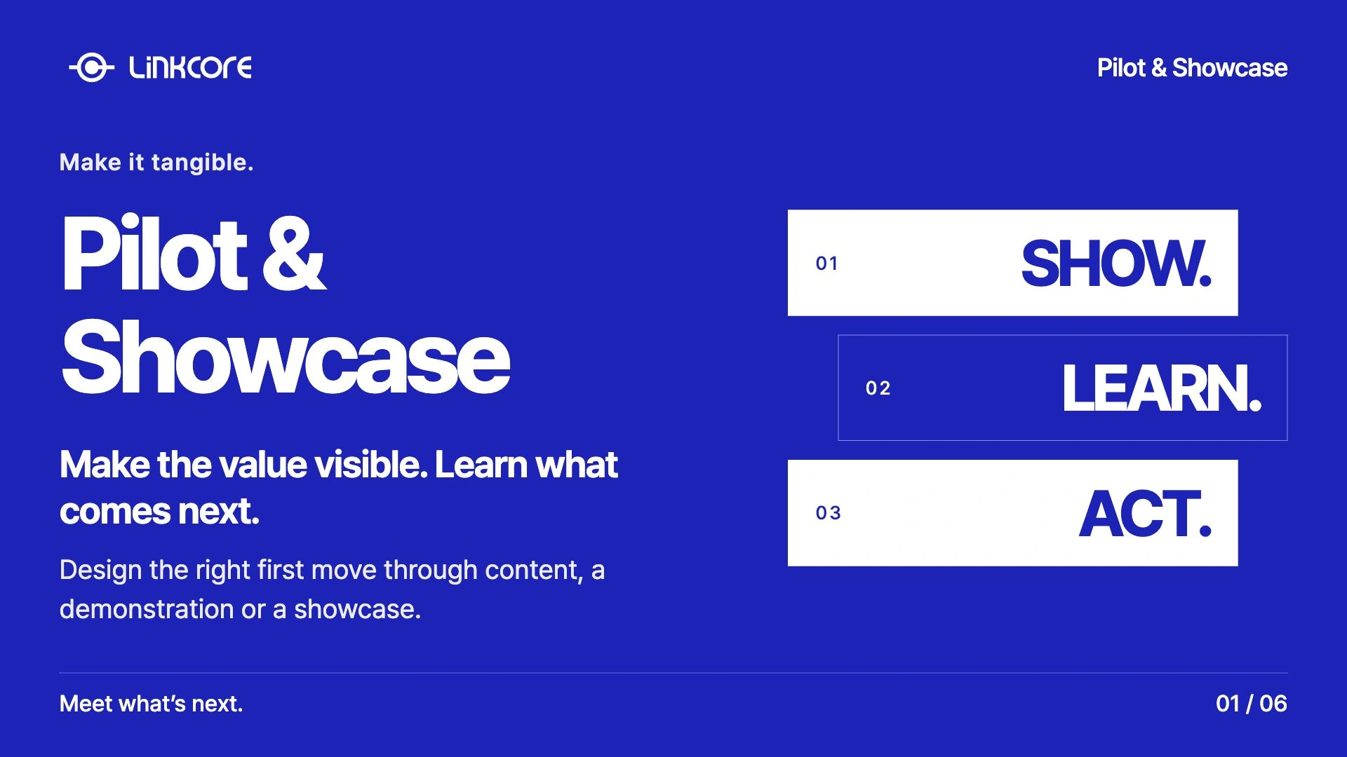 Pilot & Showcase. Make the value visible. Learn what comes next. Design the right first move through content, a demonstration or a showcase.