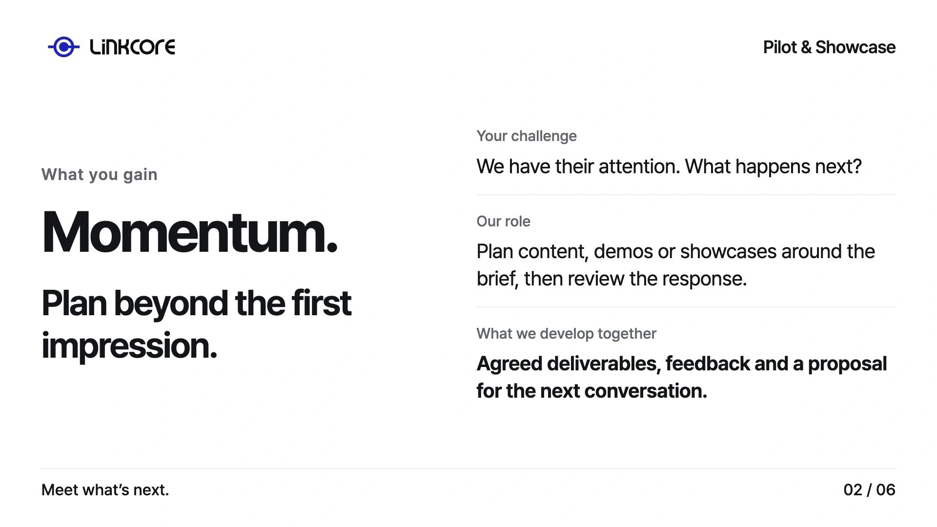 Pilot & Showcase. Agreed deliverables, feedback and a proposal for the next conversation.