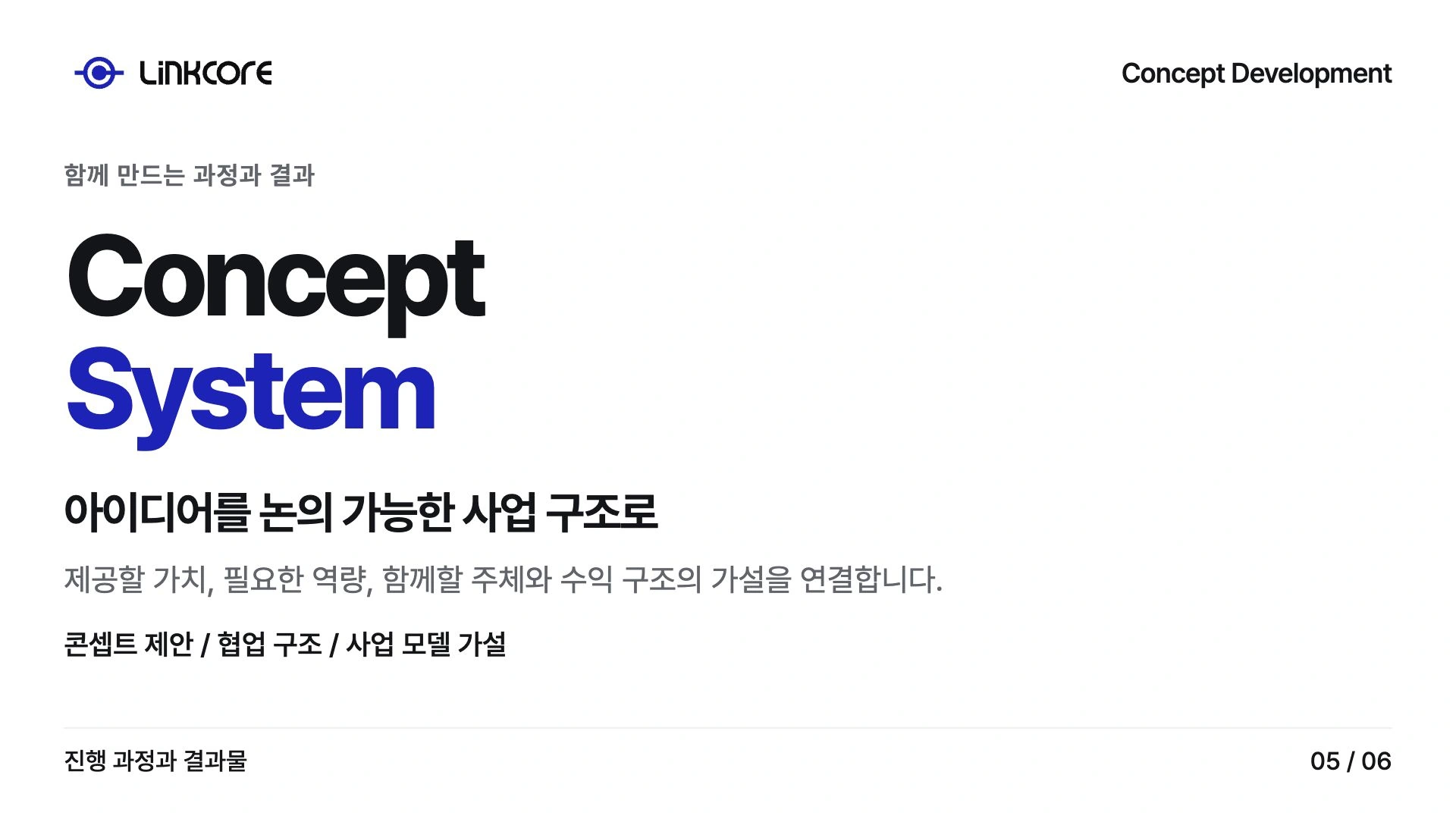 Concept Development. 아이디어를 논의 가능한 사업 구조로 제공할 가치, 필요한 역량, 함께할 주체와 수익 구조의 가설을 연결합니다.