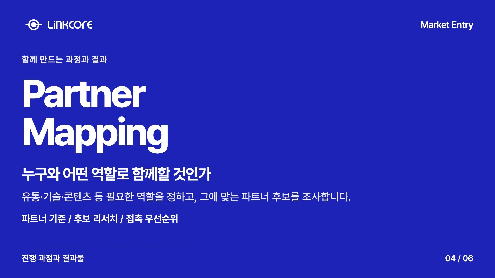 Market Entry. 누구와 어떤 역할로 함께할 것인가 유통·기술·콘텐츠 등 필요한 역할을 정하고, 그에 맞는 파트너 후보를 조사합니다.