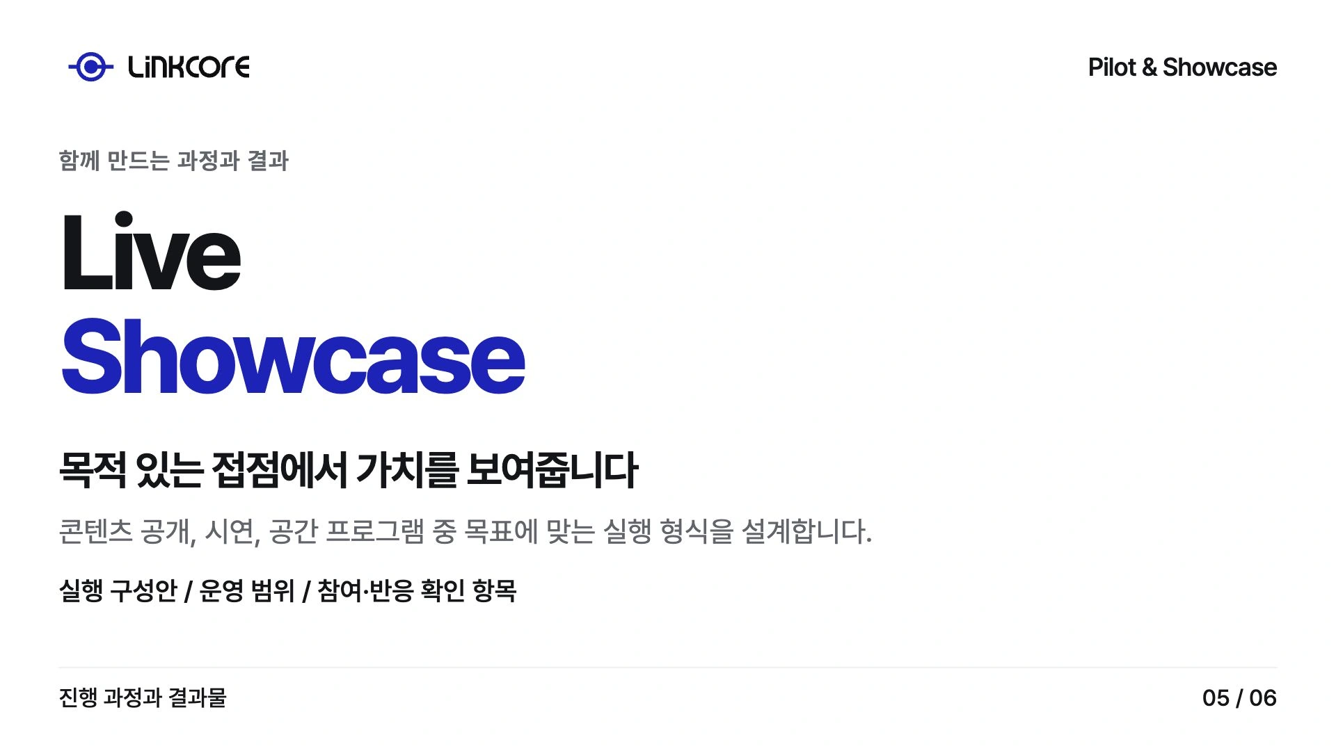 Pilot & Showcase. 목적 있는 접점에서 가치를 보여줍니다 콘텐츠 공개, 시연, 공간 프로그램 중 목표에 맞는 실행 형식을 설계합니다.